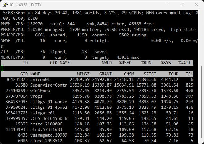 Tampilan memori di ESXTOP